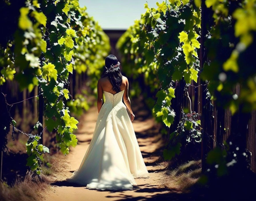 Bride in white dress walking in vineyard under clear sky