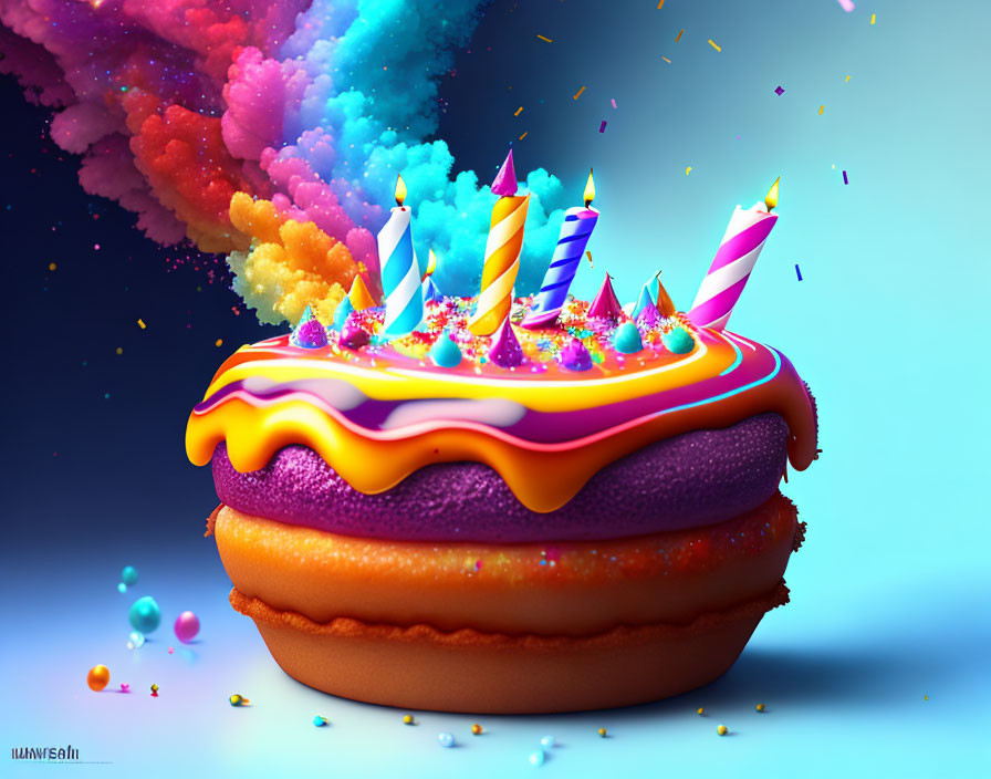 Colorful digital artwork of a whimsical birthday cake with candles and sprinkles