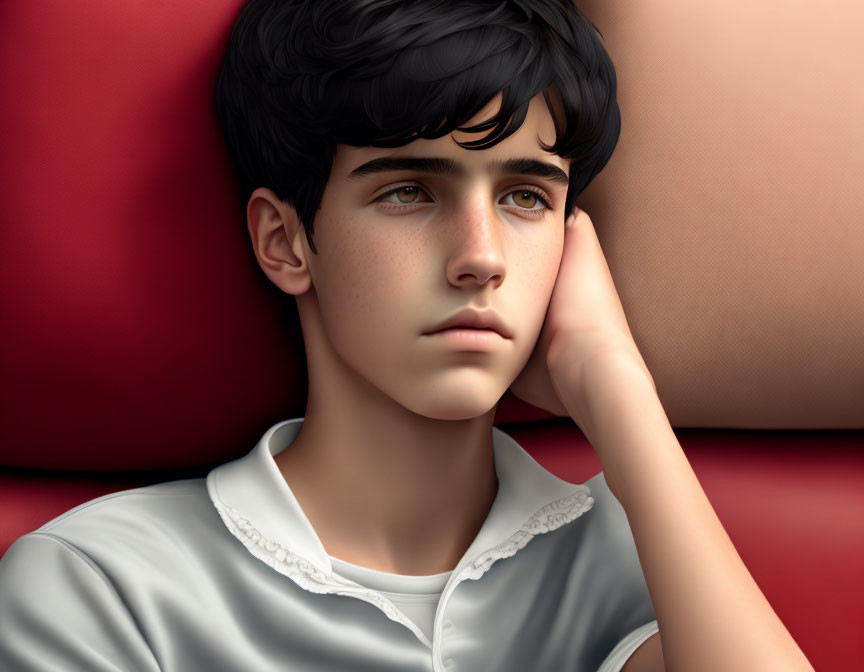 Young boy with dark hair and blue eyes on red couch in contemplation