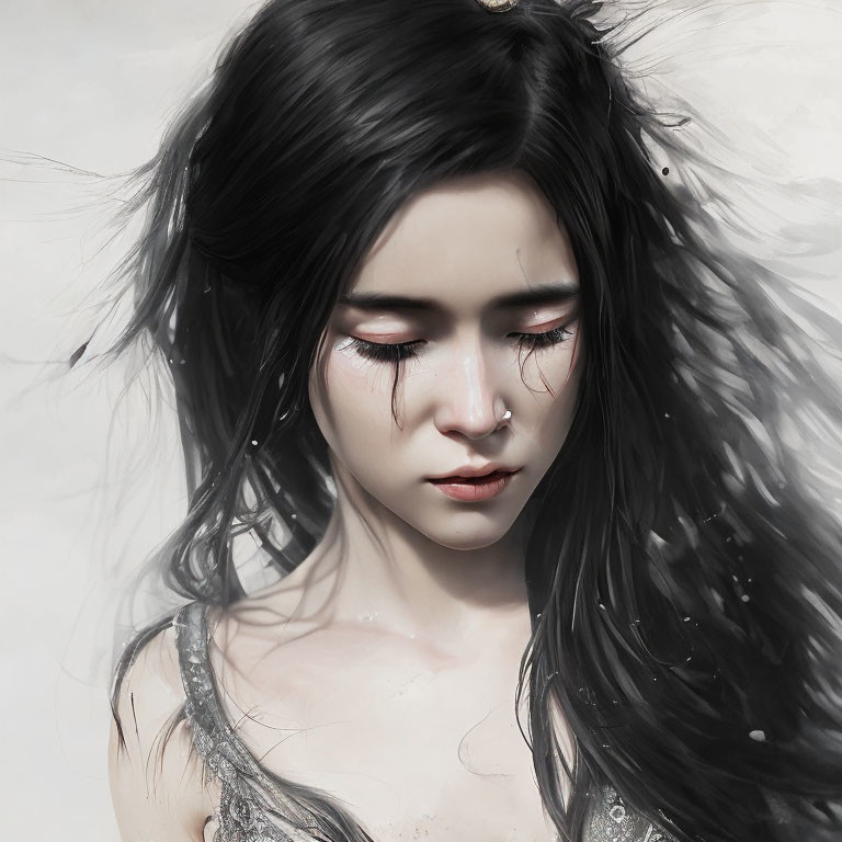 Digital painting of a woman with windswept black hair and closed eyes on pale background