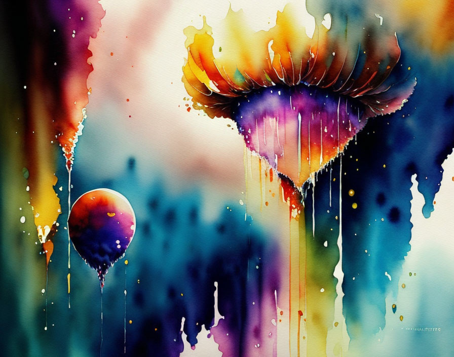 Colorful Abstract Watercolor Painting: Dripping Cloud Form Above Floating Sphere