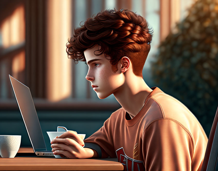 Curly-haired person on laptop near window with warm light