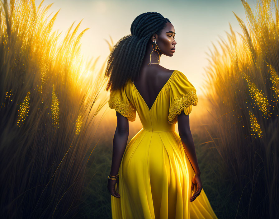 Woman in yellow dress among tall golden grasses at sunset