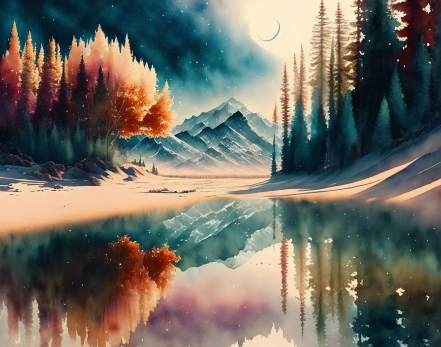 Mountain range at dusk with autumn trees reflected in water.