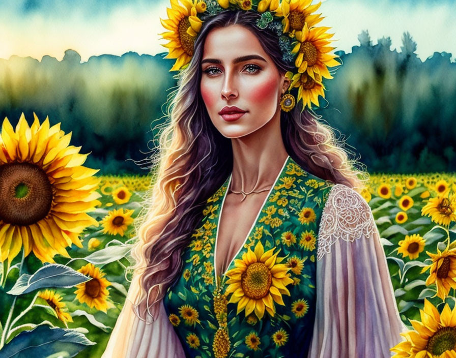 Illustrated woman with sunflower crown in front of vibrant sunflower field