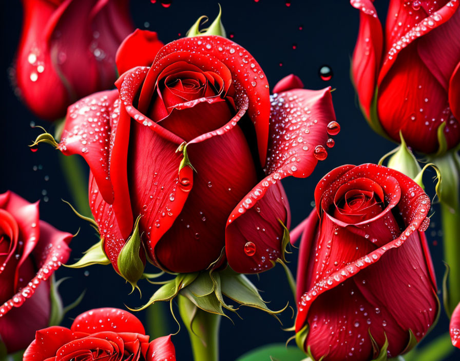 Detailed red roses with dewdrops on dark background