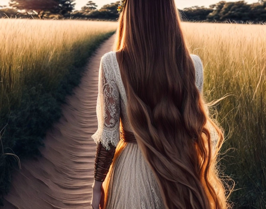 Woman with Long Wavy Hair Walking in Golden Field at Sunset