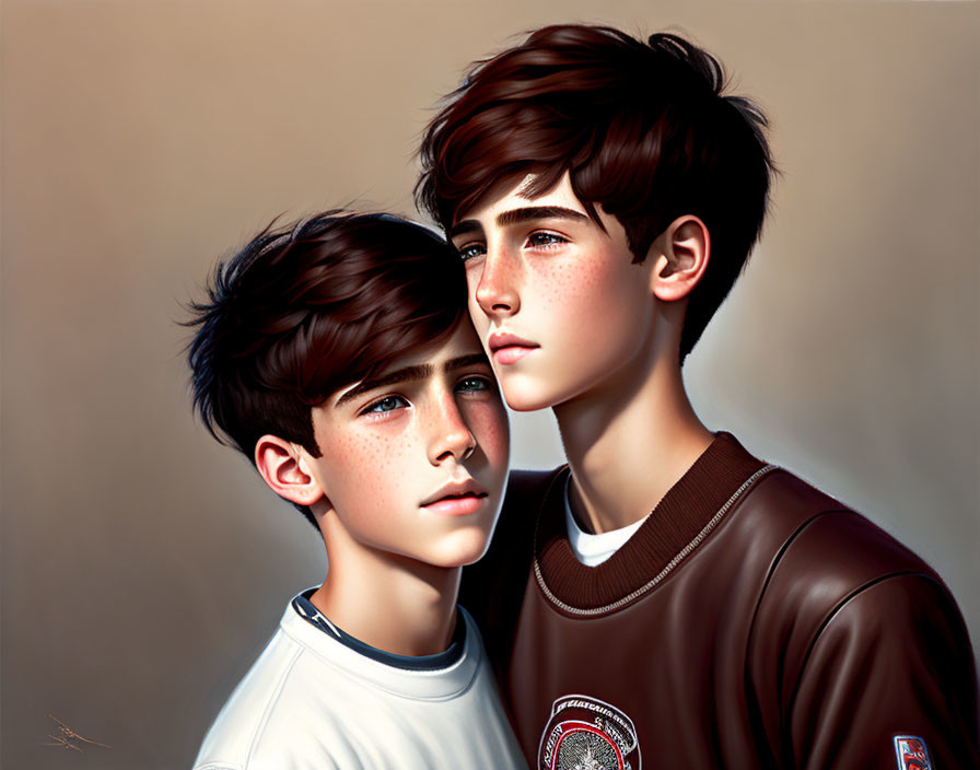 Digital illustration: Two young males with stylish haircuts, one in a white tee and the other in