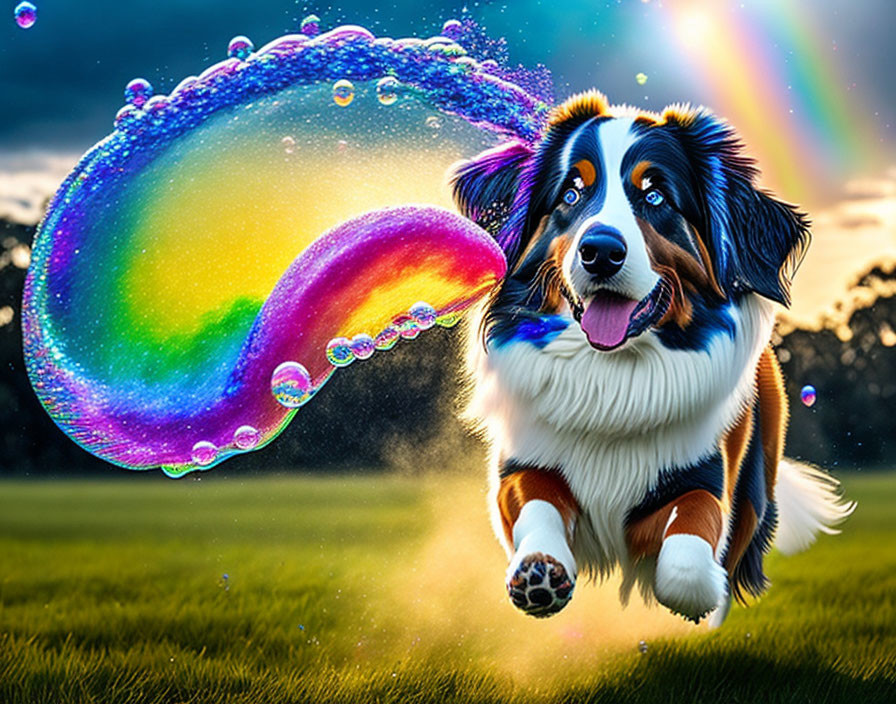 Playful dog chasing colorful soap bubble in field with rainbow