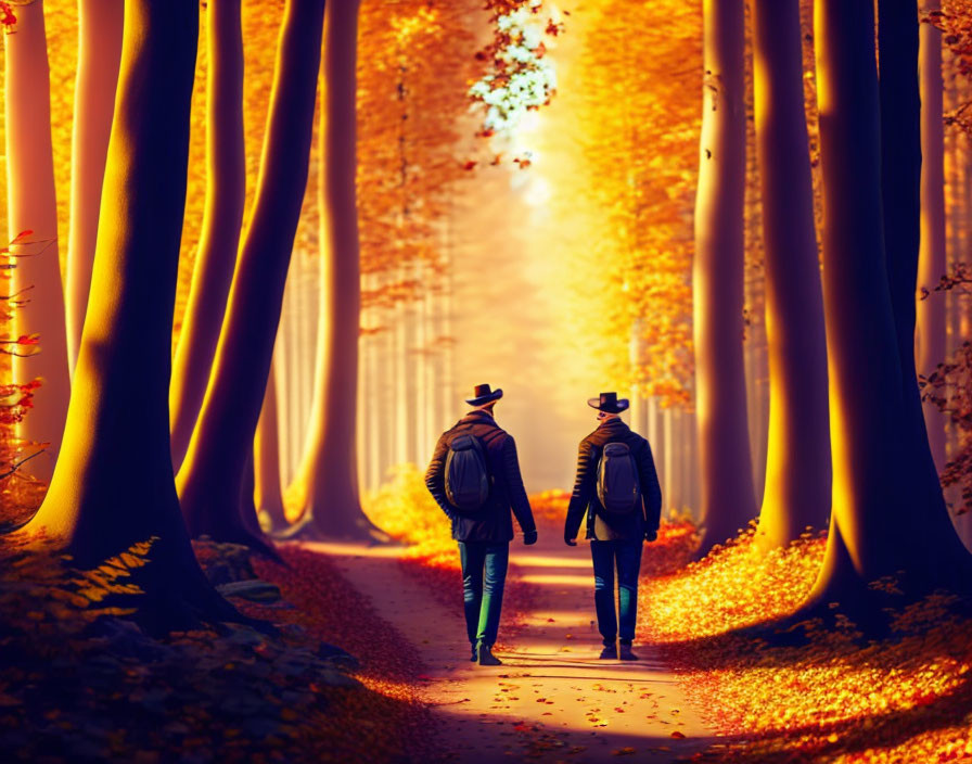 Forest scene: Two people walking on leaf-covered path under tall, narrow trees in warm autumn light.