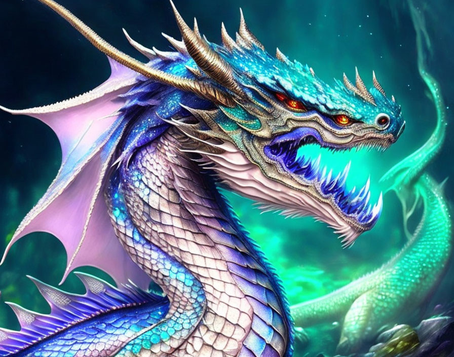 Mythical dragon art: blue scales, red eyes, fiery breath, starry background