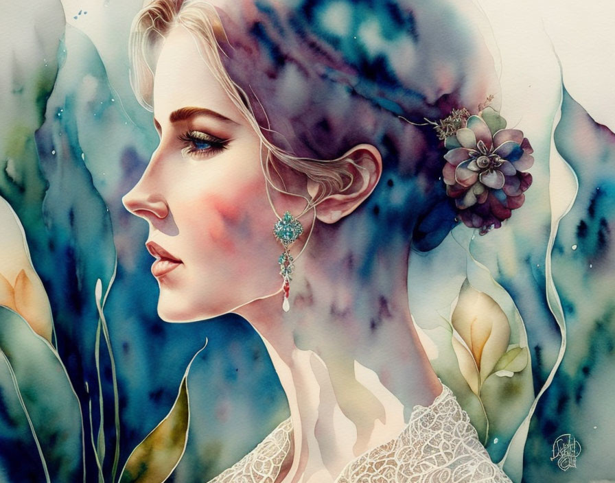 Woman Profile Watercolor Illustration with Floral Elements