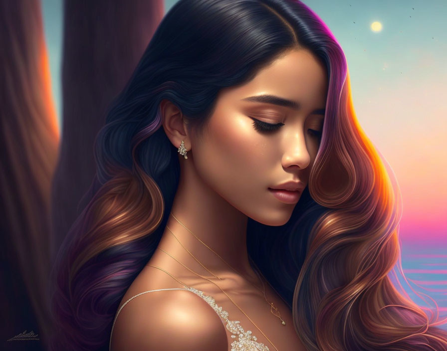 Woman with flowing hair in sunset-lit scene: Warm colors, tranquil expression