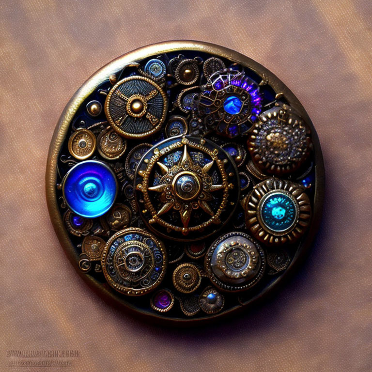 Circular Steampunk Brooch with Gears and Clock Hands in Blue and Purple