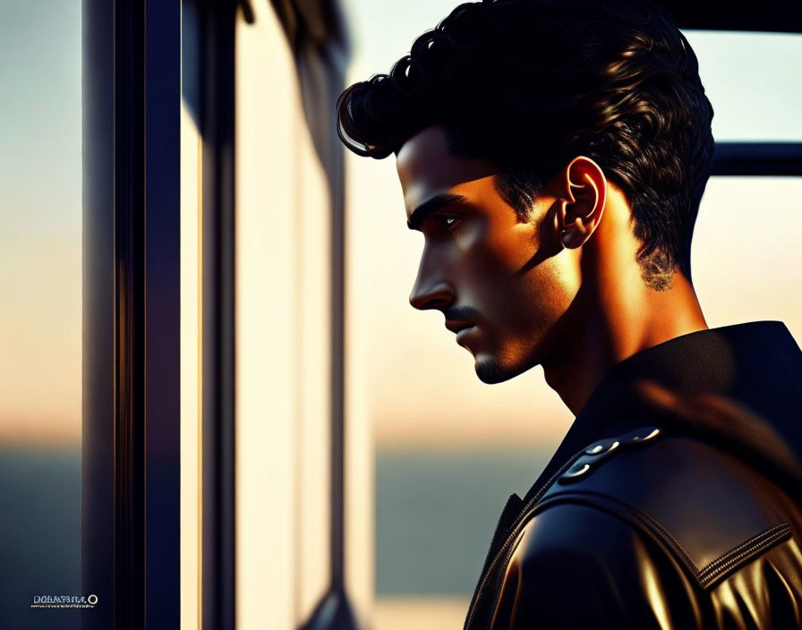 Digital portrait of a man with sharp features and dark hair in a leather jacket gazing out of a