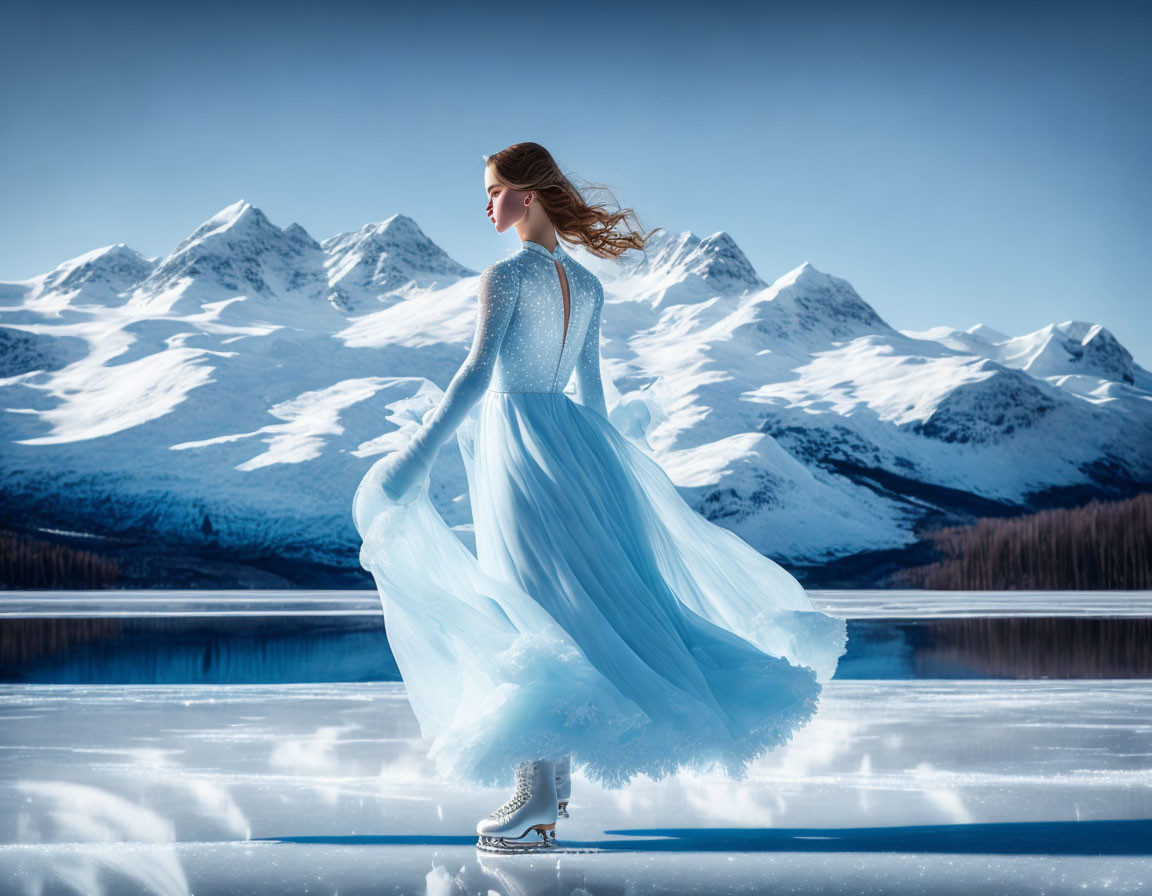 Woman ice skating in blue dress on frozen lake with snow-capped mountains