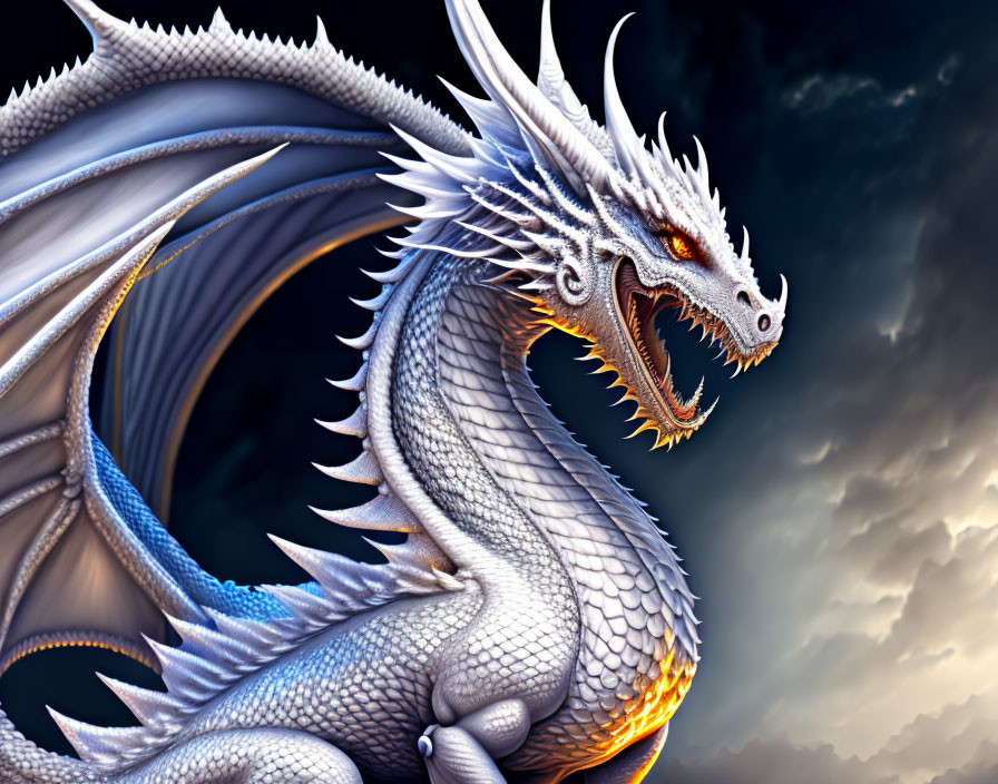 Majestic white and blue dragon against dramatic sky