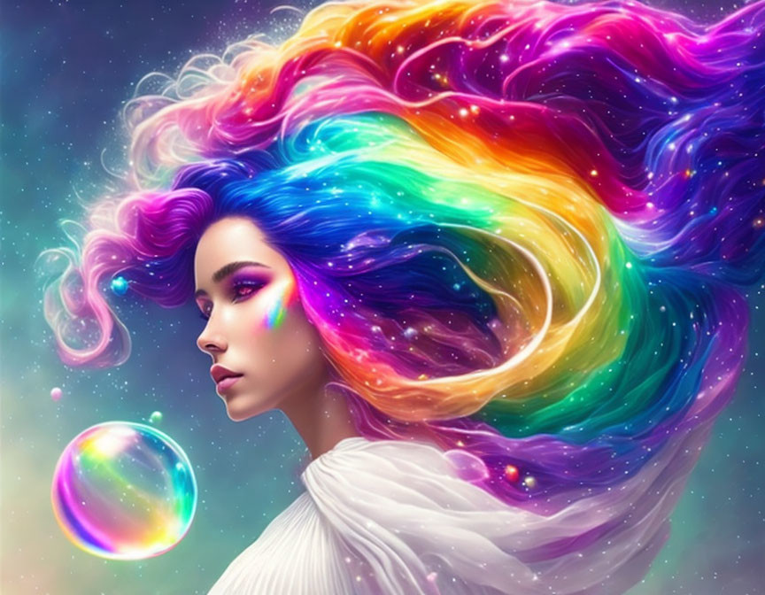 Colorful cosmic nebula hair woman in space artwork