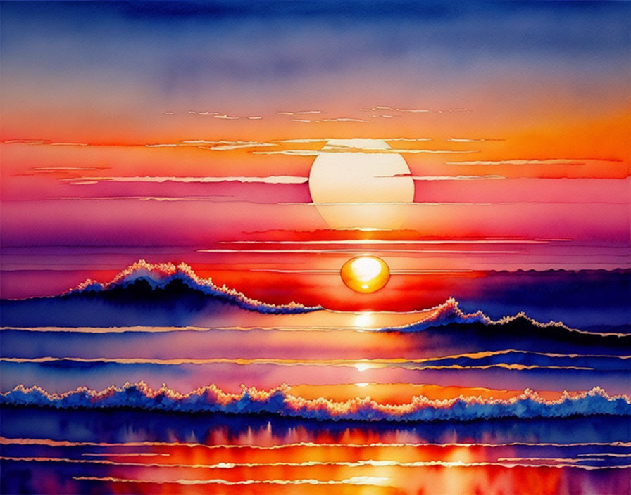 Colorful Watercolor Painting of Radiant Sunset Over Ocean Waves