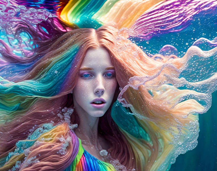 Colorful flowing hair woman with dreamy expression on blue backdrop