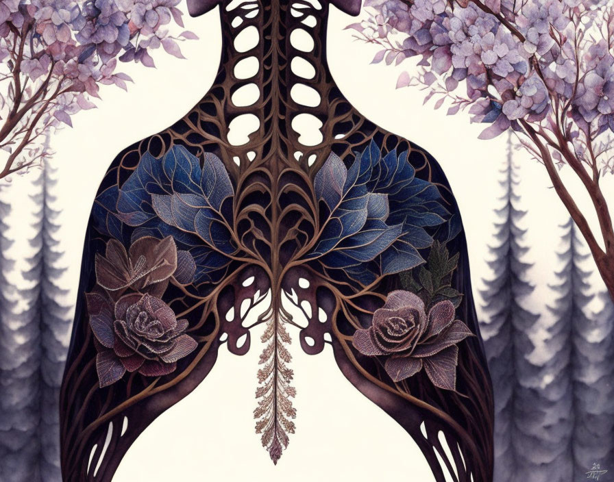 Human ribcage merges with tree-like structures and flowers in misty forest.