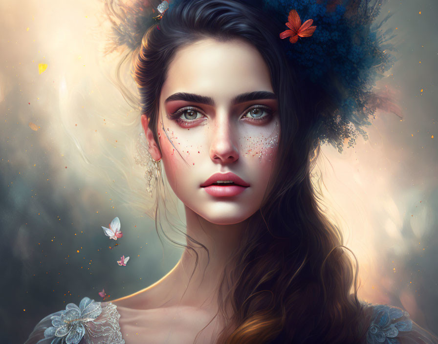 Digital painting of woman with striking eyes, flowers, butterflies, and ethereal glow