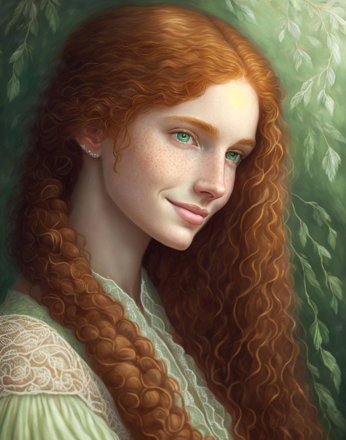 Portrait of Smiling Woman with Red Curly Hair and Green Eyes