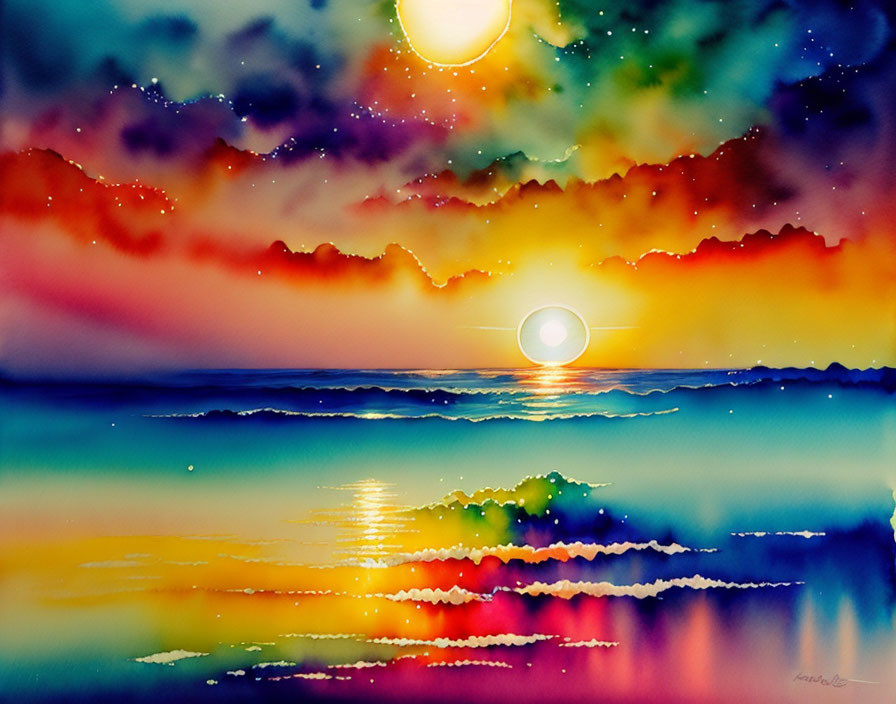 Sunset Watercolor Painting: Vibrant Colors Reflecting Over Calm Waters