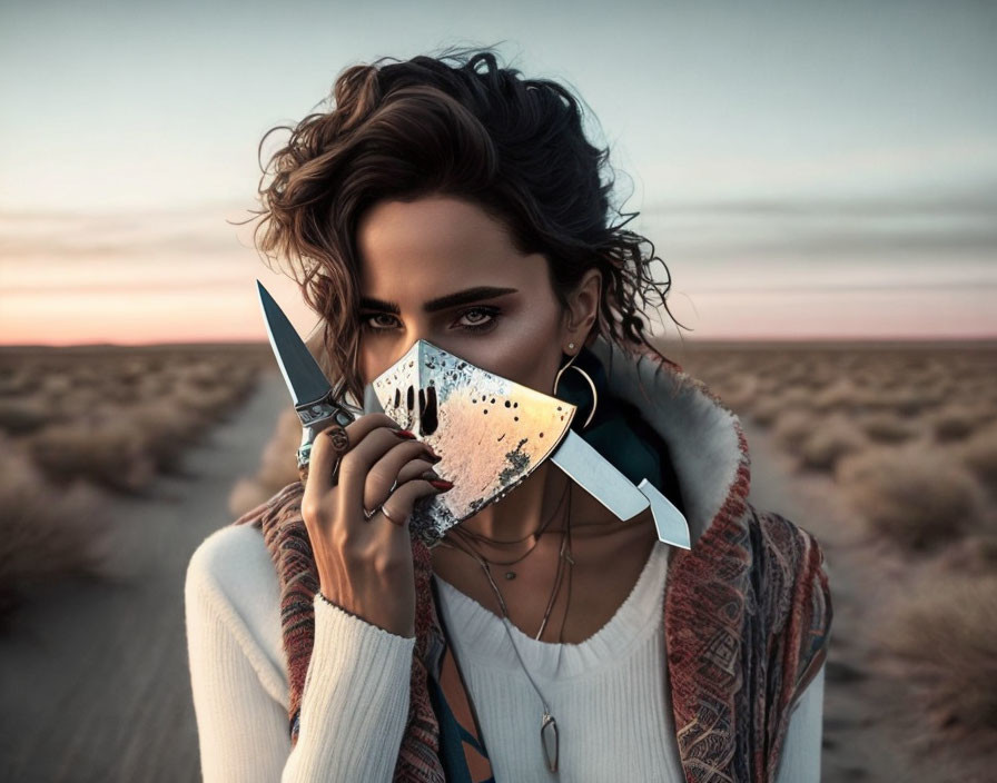 Stylish woman with hoop earrings holding a shiny cleaver in desert dusk