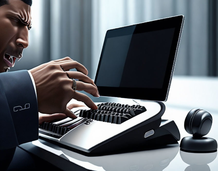 Businessman typing on vintage-style laptop in business suit