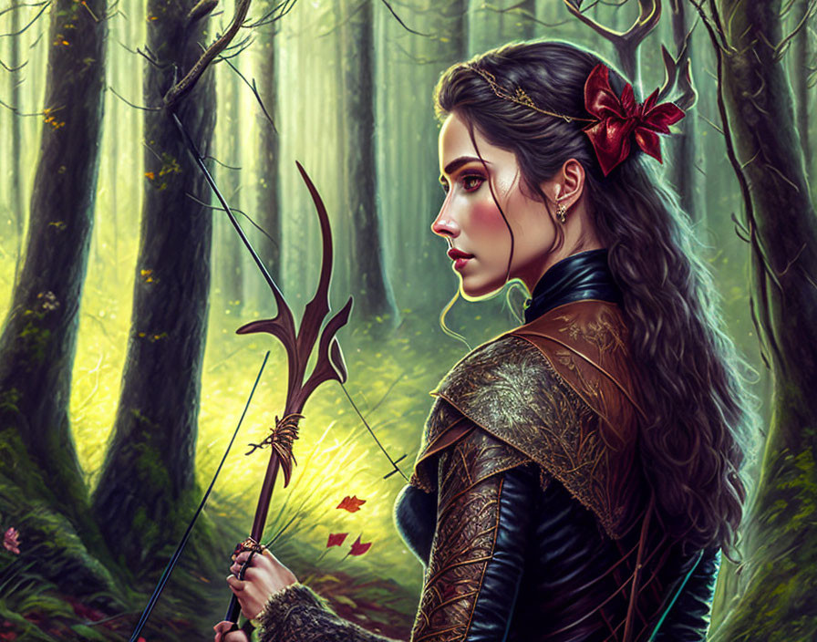 Woman with red bow holding ornate bow in enchanted forest