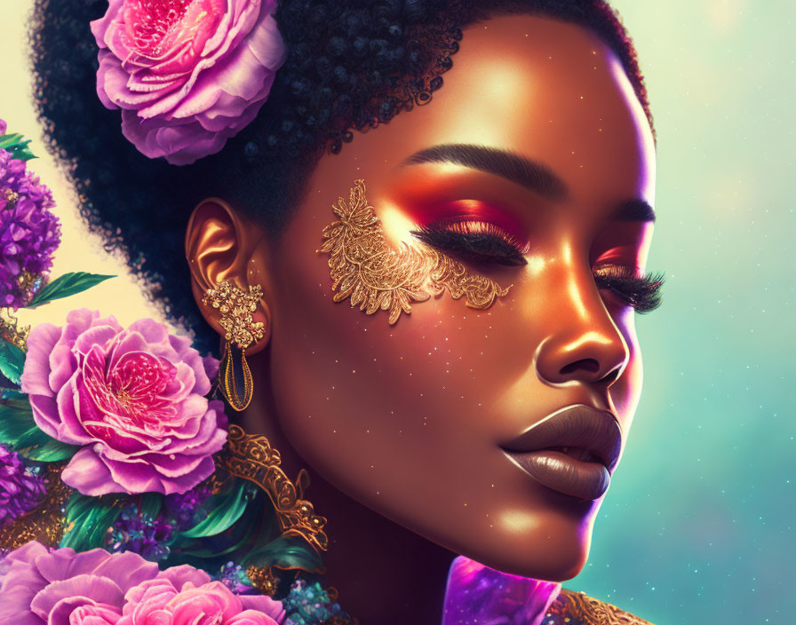 Vibrant makeup woman portrait with golden jewelry and pink flowers