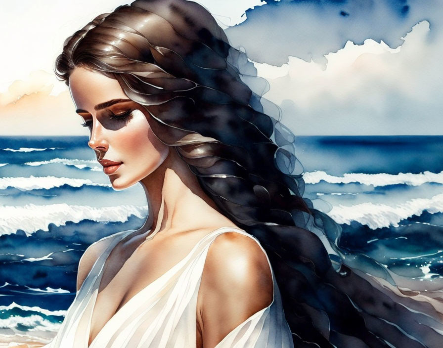 Illustrated portrait of woman with braided hair in white dress against serene seascape.