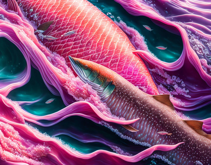 Colorful digital artwork: Large pink fish in swirling waters