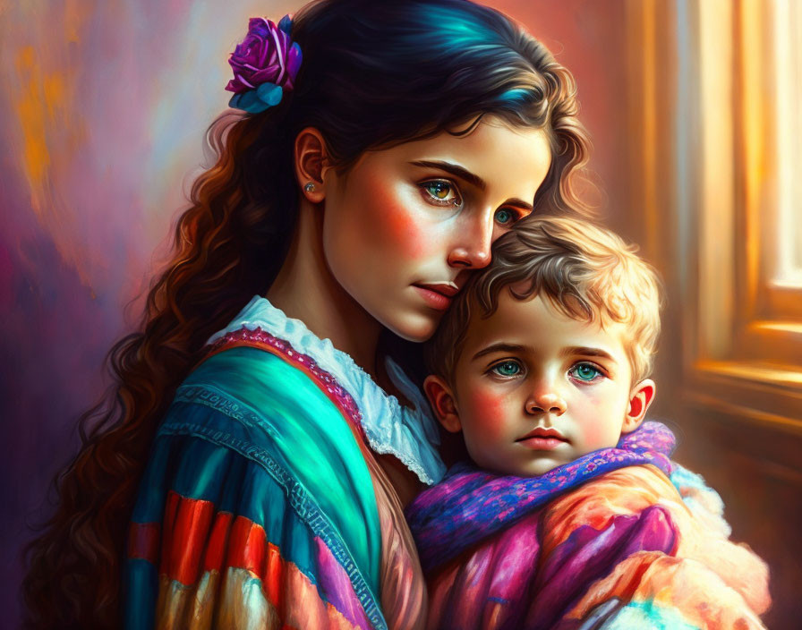 Digital painting of young woman and child with blue eyes in vibrant scarf