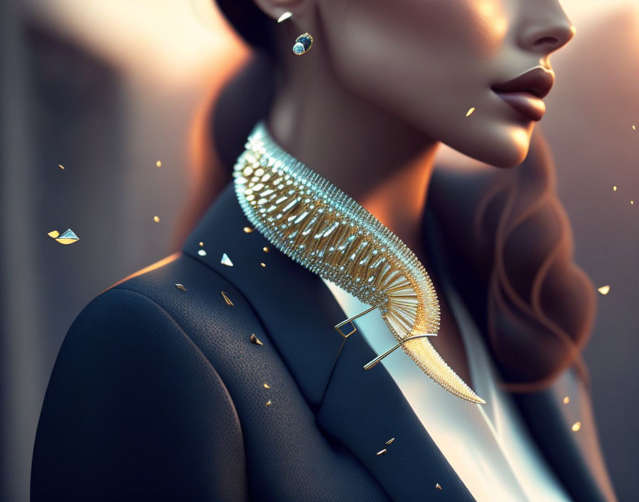 Stylized portrait of woman with elegant jewelry and golden backdrop