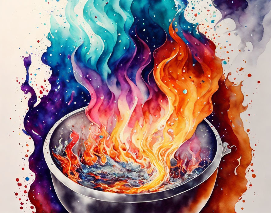 Colorful Watercolor Painting: Fiery Swirl in Blue, Purple, Red, and Orange