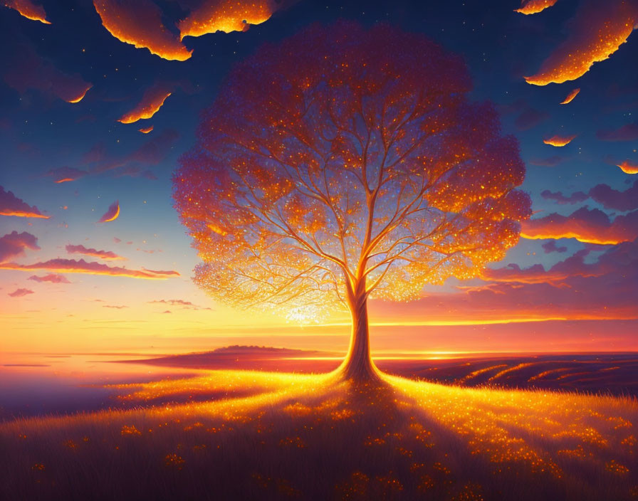 Glowing tree with luminous leaves in sunset sky and crescent moons landscape