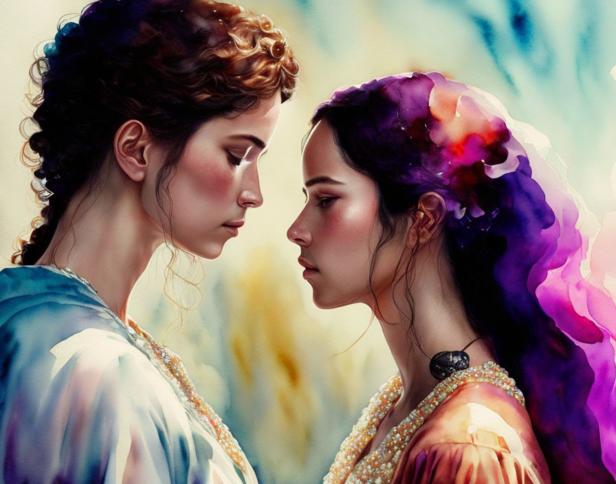 Surreal portrait of two women with vibrant, watercolor-like hair in classical attire