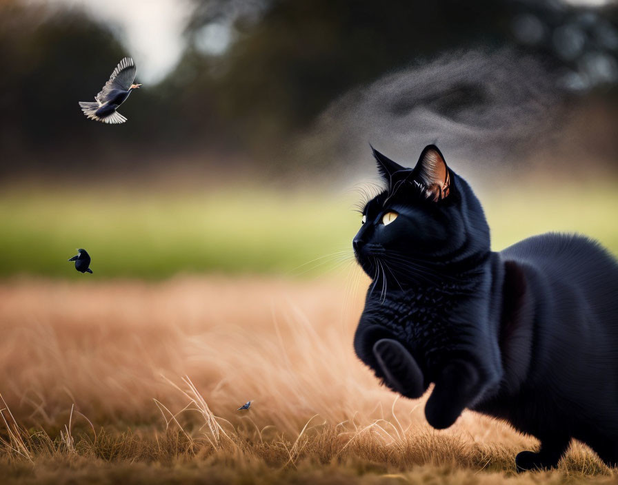 Black Cat with Yellow Eyes Watching Bird in Golden Field