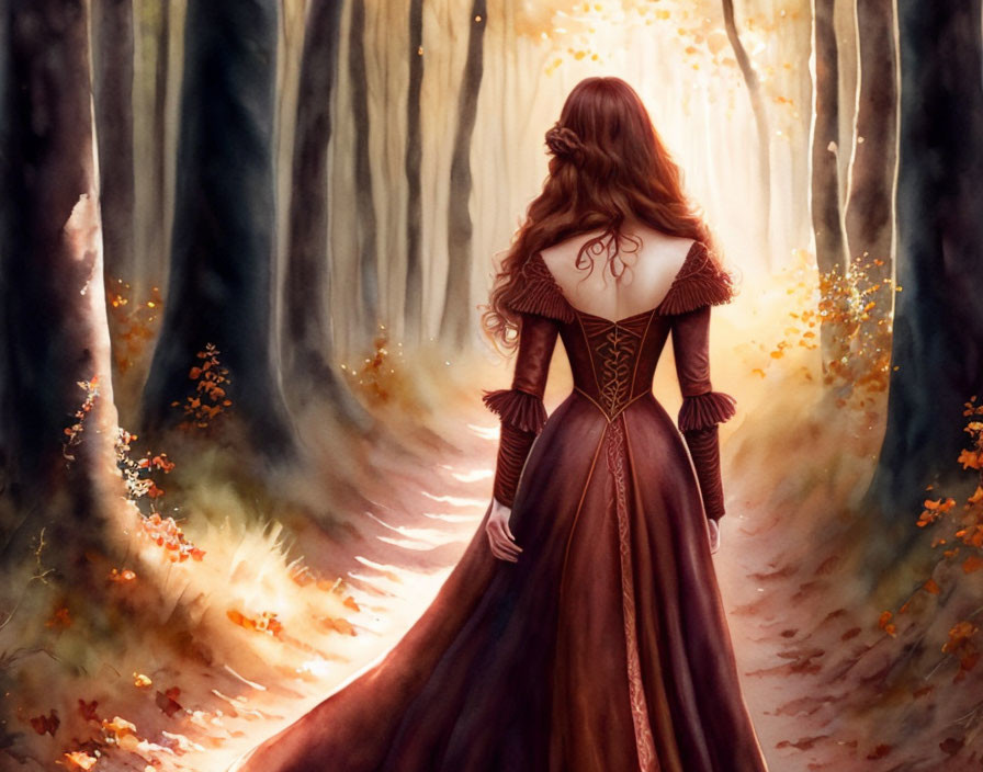 Woman in Red Medieval Dress in Sunlit Autumn Forest