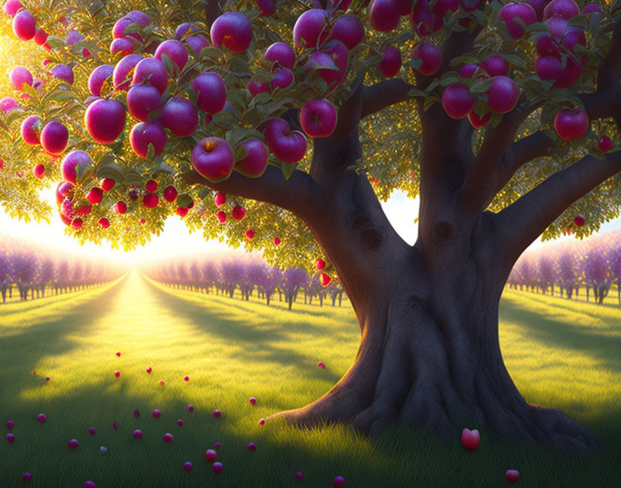 Lush apple orchard with large tree and ripe red apples