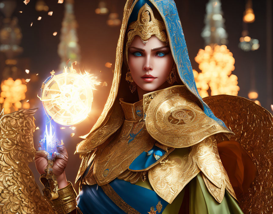 Regal female figure in golden armor with magical orb and candles