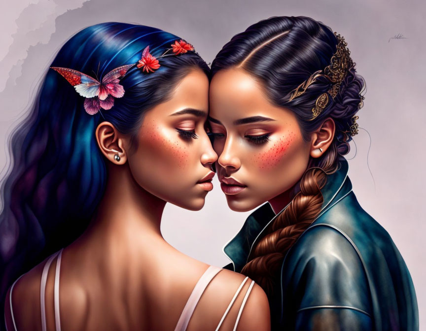 Two women with intricate makeup and hairstyles, one adorned with a butterfly, sharing a serene moment.