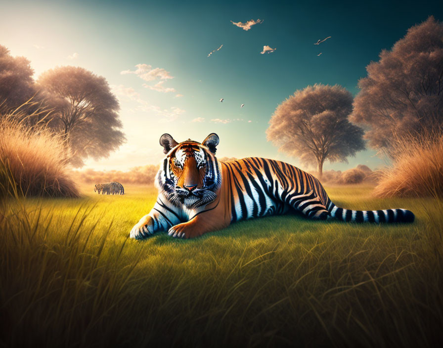 Two tigers in grassy field under blue sky with birds.