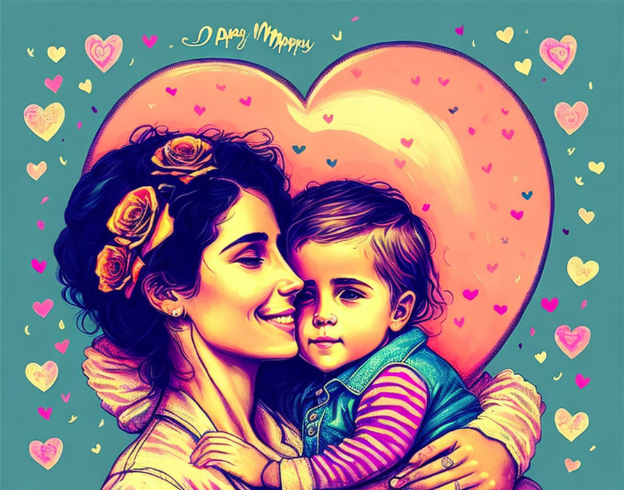 Vibrant illustration of woman hugging child in heart shape with flowers