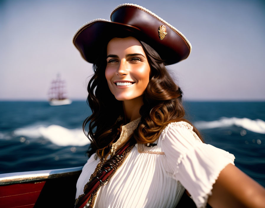 Smiling woman in pirate costume on boat with tricorn hat and ship in background