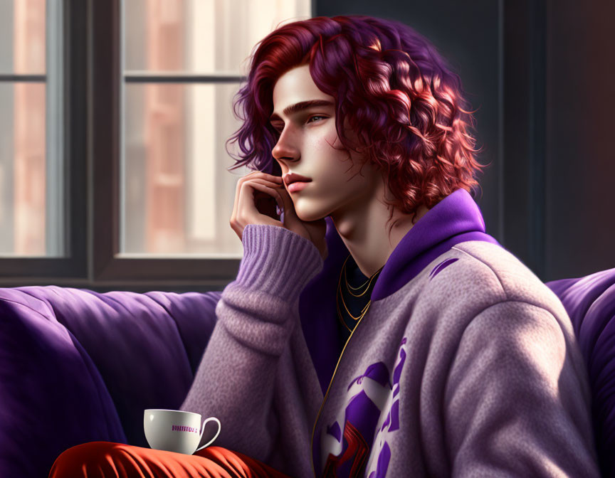 Red-haired young man in purple sweater on purple couch with coffee cup