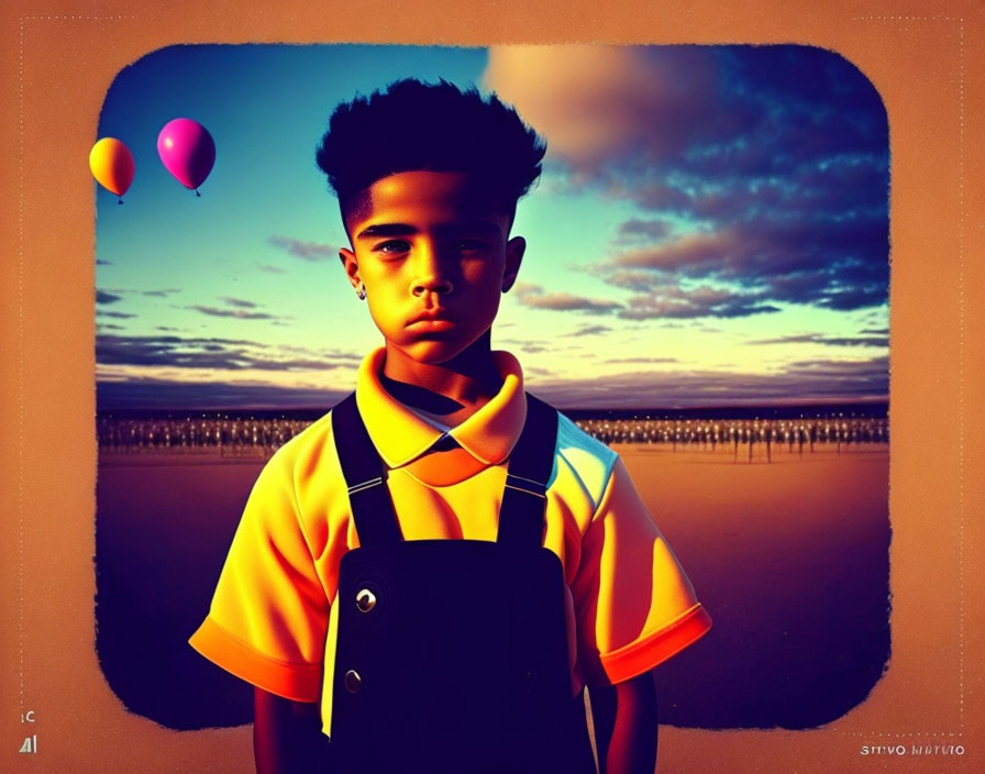 Young boy with colorful balloons at twilight under dramatic sky