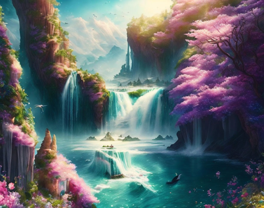 Vibrant pink trees, waterfalls, river, birds, castle in fantastical landscape